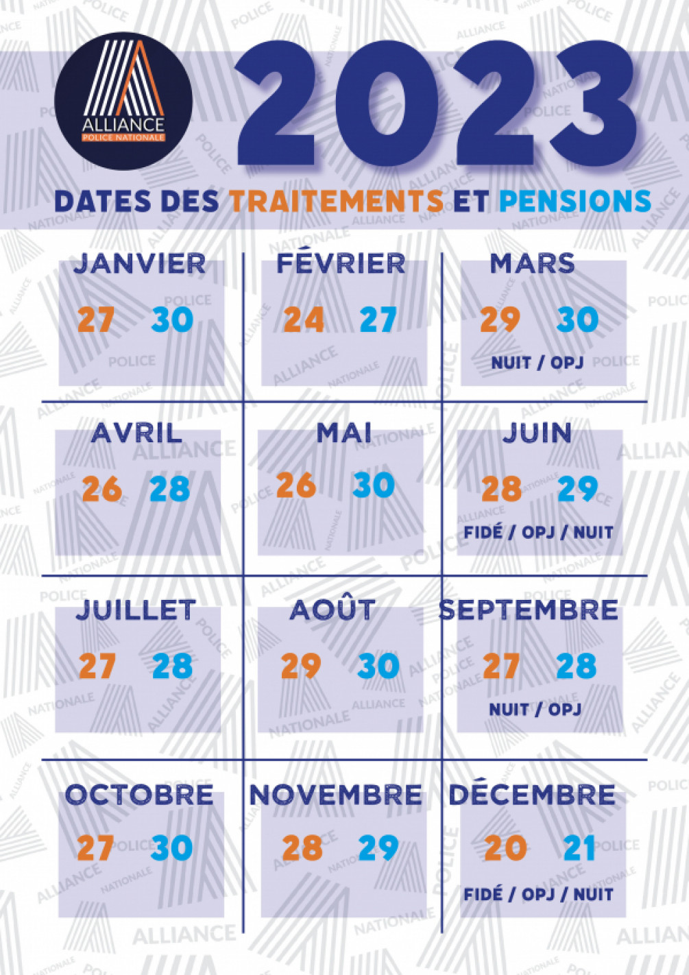 Dates des traitements et pensions 2023